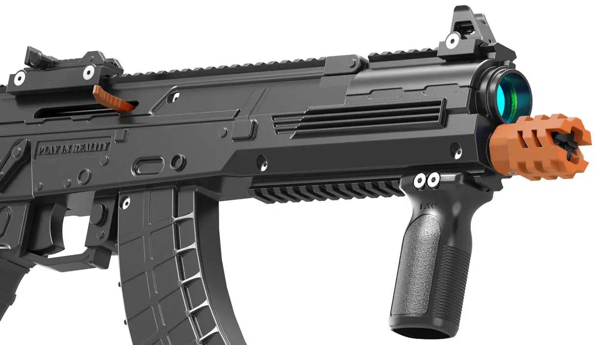 AK25 lasertag gun with orange bumper